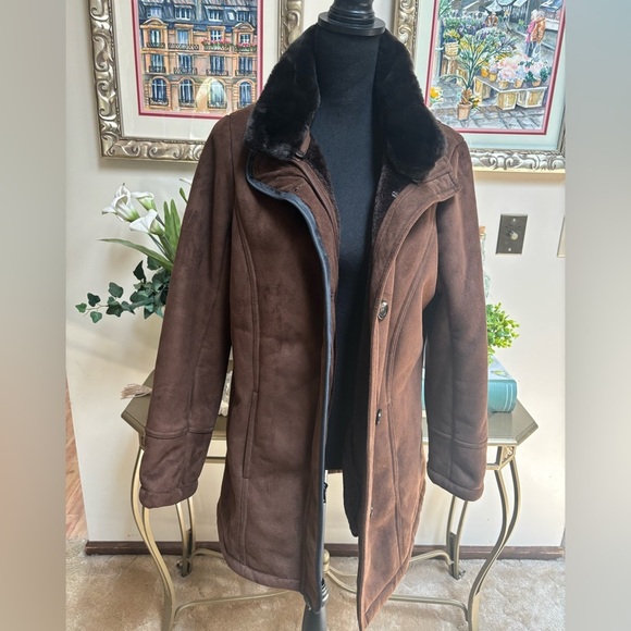 NAUTICA Brown Teddy Coat with Faux Suede & Black Faux Fur Collar Winter Ski Sz M - Picture 2 of 9